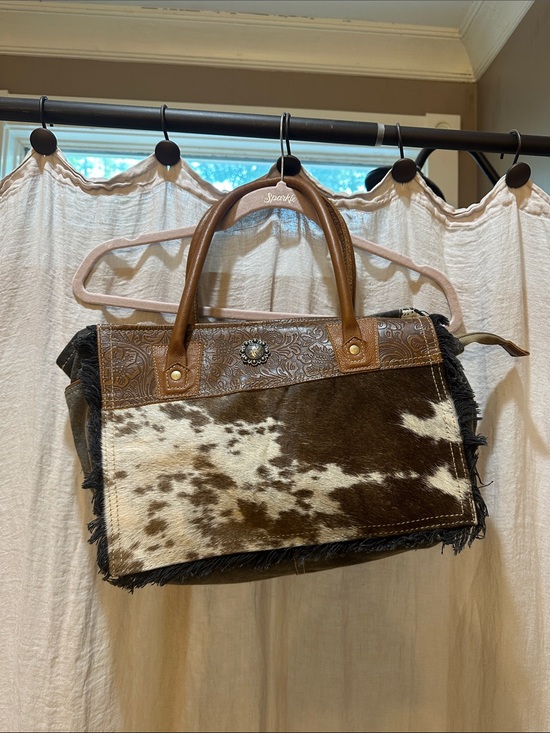 Myra Bag Handbags - Myra Bag Brown & White Cowhide Tote with Embossed Leather Trim